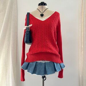 Vintage y2k Womens Red Cable Knit Sweater Size XL V Neck Preppy 2000s Holiday